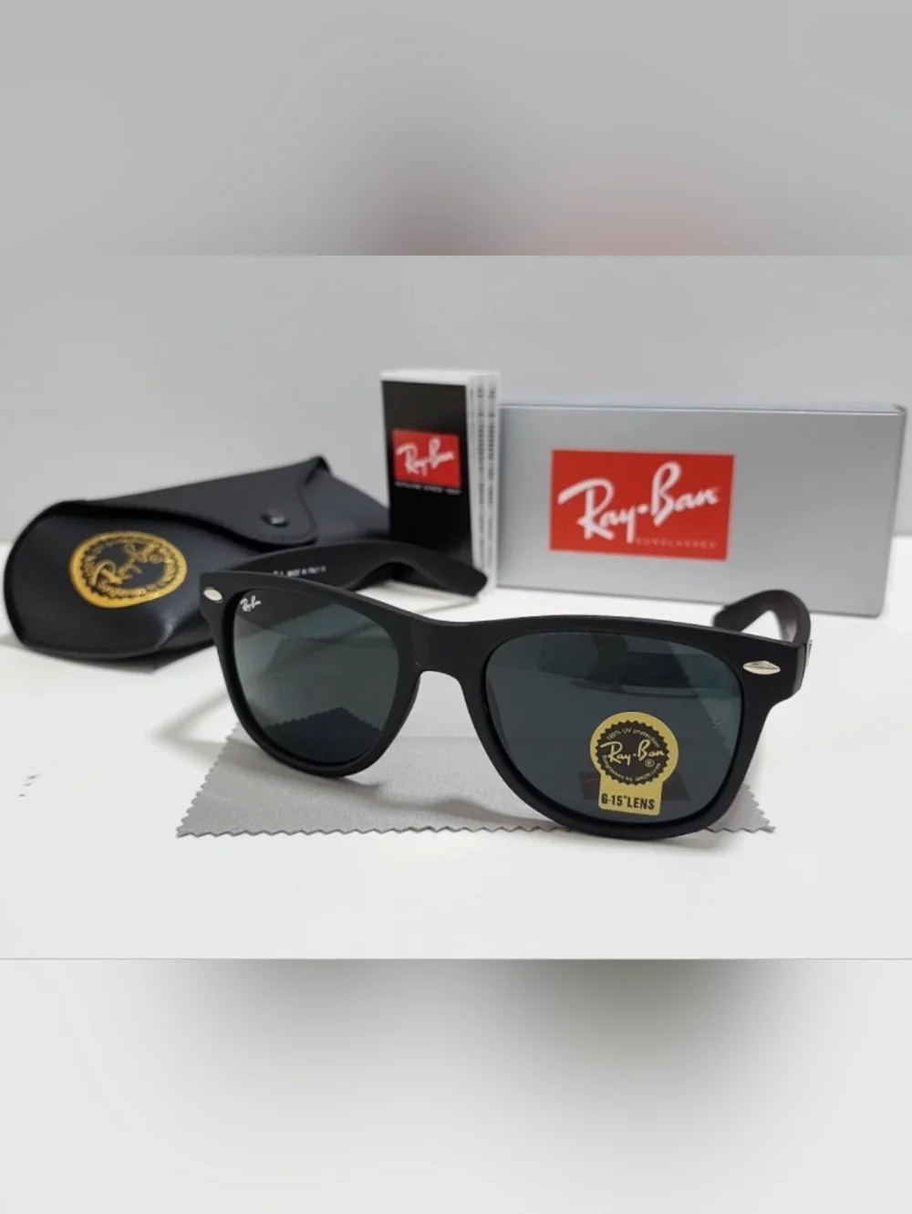 New Damaged Box 50mm Ray-Ban Wayfarer Black Frames Dark Grey Lenses G-15 RB2140 - Picture 2 of 5